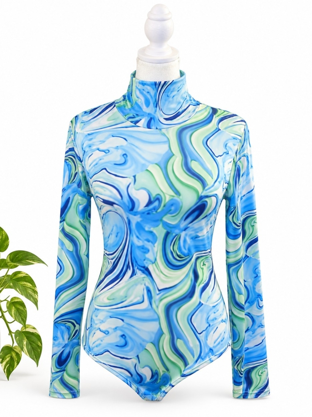 Abstract Swirl Long Sleeve Bodysuit in Blue & Green